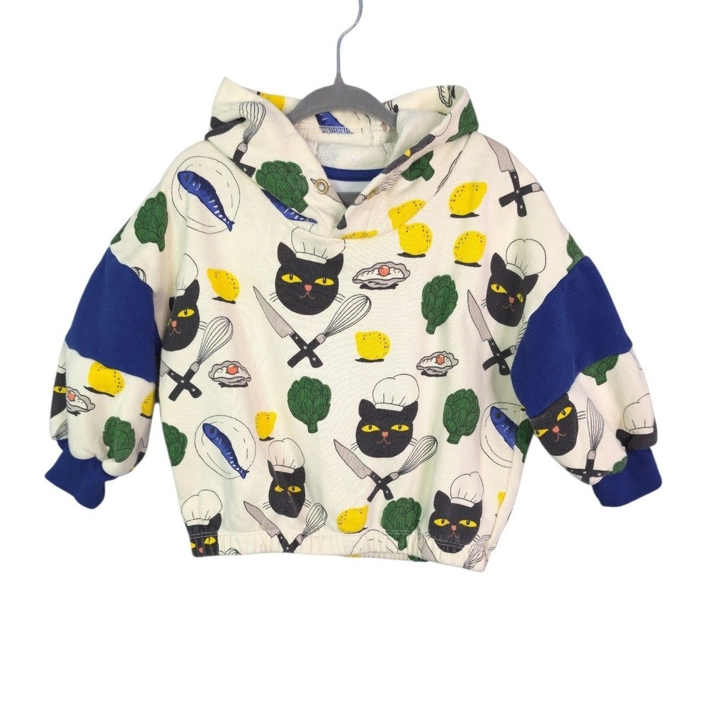Mini Rodini Chef Cat Hoodie Kids 1.5-3Y Organic Cotton Blue Ivory Print